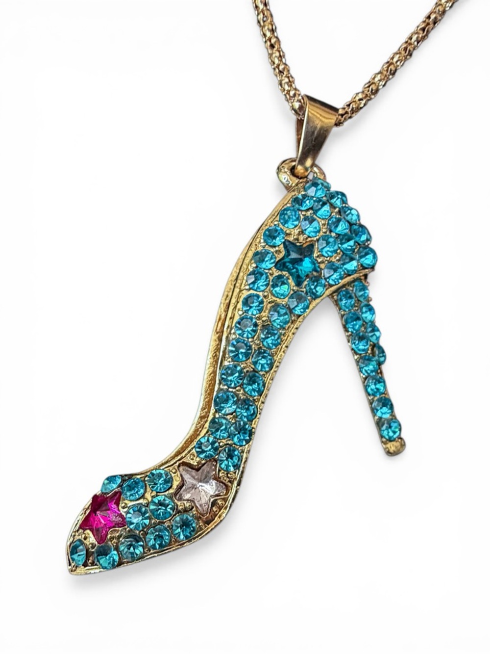 Betsey Johnson Blue Rhinestone Stiletto High-Heel Pendant Necklace NWT - Picture 9 of 9